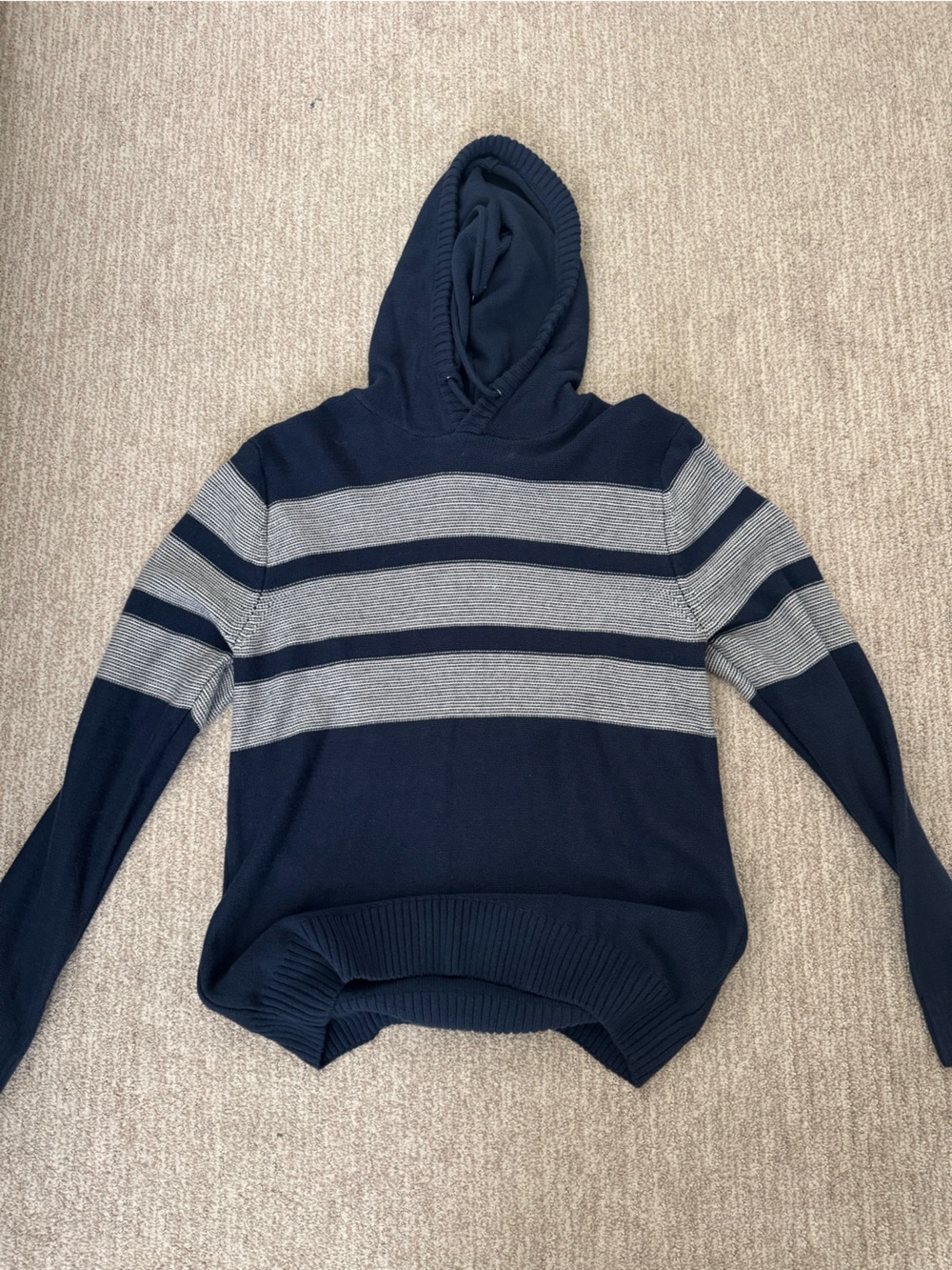 Navy and Gray Striped Women's Hooded Sweater